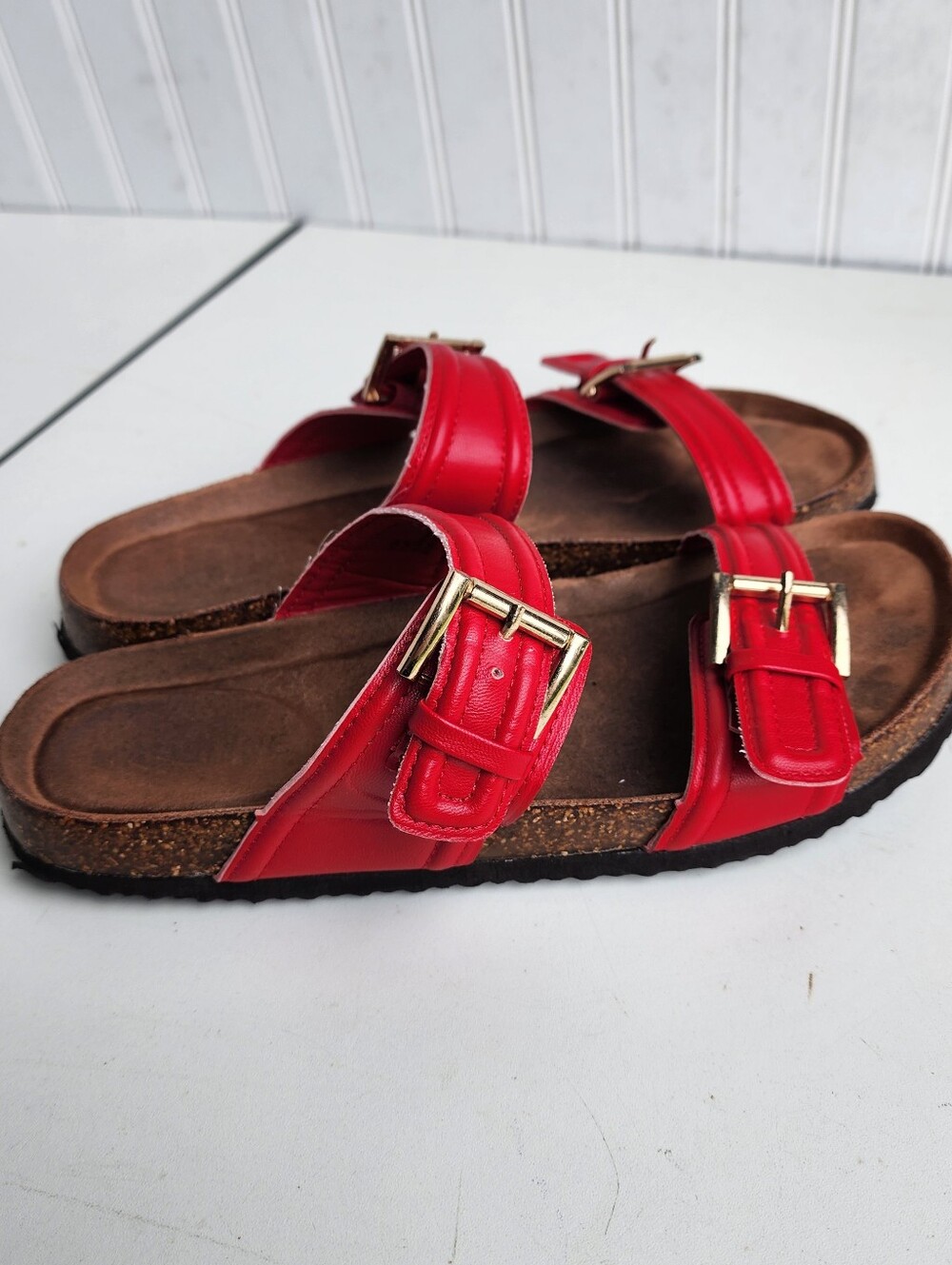 OASIS Sandal Slides–Adjustable Buckle Slippers Lightweight Cork Footbed RED 8.5